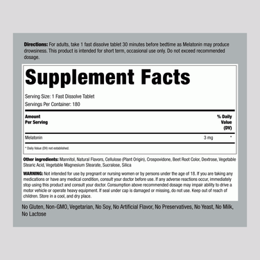 Supplement Facts panel for Melatonin 3 mg, 180 Fast Dissolve Tablets.