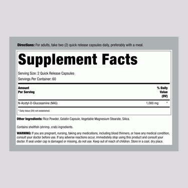 Supplement Facts panel for Horbaach N Acetyl Glucosamine 1000 mg with 120 capsules.