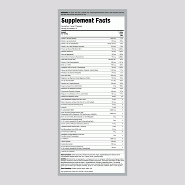 Supplement Facts panel for LN Varsity 2, featuring details about ingredients and nutritional information of 30 packets.