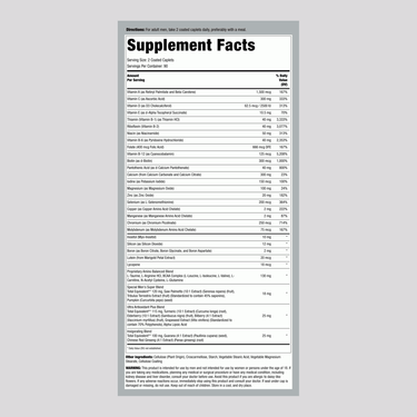 Supplement Facts panel for Mega Multiple for Men Time-Release Coated Caplets, 180 count.