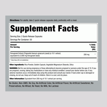Supplement Facts panel for Fenugreek capsules, 2000 mg, 100 count, detailing ingredients and nutritional information.