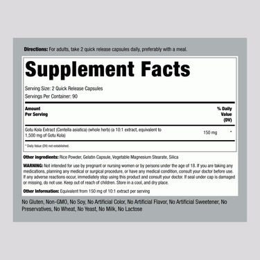 Supplement Facts for Gotu Kola Capsules, 1500 mg, 180 count displayed.