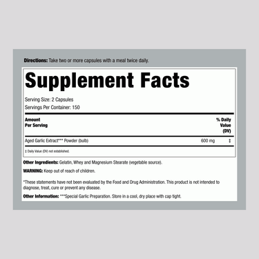 Supplement Facts panel for Kyolic Garlic Cardio Formula 100mg, 300 capsules.