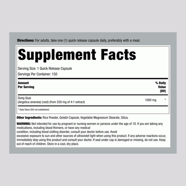 Supplement Facts for Horbaach Dong Quai 1000 mg in 150 capsules shown on label.