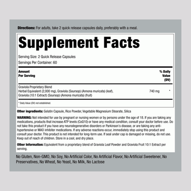 This is the Supplement Facts panel for Graviola (Soursop) 2000 mg Capsules, containing 120 capsules.