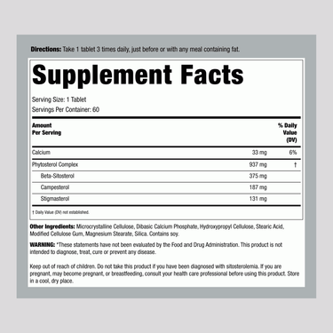 Supplement Facts for Source Nat Beta Sitosterol 375 mg, 60 Tablets.
