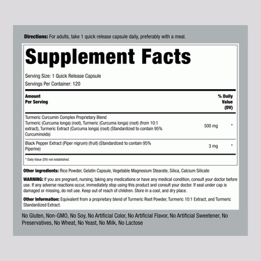 Supplement Facts panel for Turmeric 500 mg Stand Capsules, 120 count.
