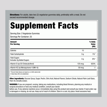 Image of the Supplement Facts panel for NT K2 + D3 50 Gummies, detailing nutritional information and ingredients.
