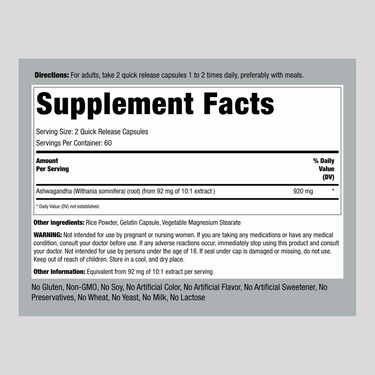 Shows Supplement Facts panel for Ashwagandha 920mg Capsules, 120 count, detailing ingredients and nutritional information.
