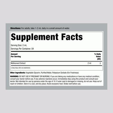Supplement Facts panel for Motherwort Liquid Extract, 4 fl oz (118 mL), detailing nutritional information.