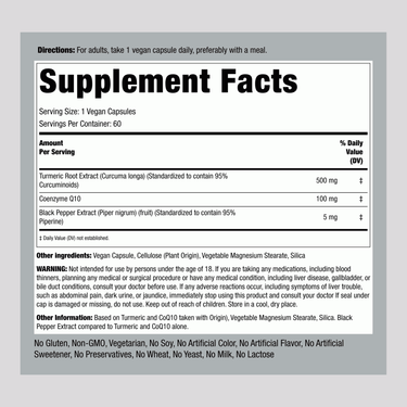 Supplement Facts panel for Turmeric, CoQ10, Black Pepper capsules.