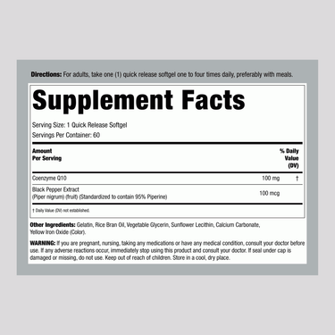 The Supplement Facts panel for CoQ10 100 mg, containing 60 Softgels, details nutritional information and ingredients.