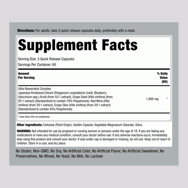 Resveratrol 1800 mg supplement facts panel for 180 capsules.