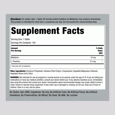 Supplement Facts panel for Melatonin 10 mg Tablets, 120 count.