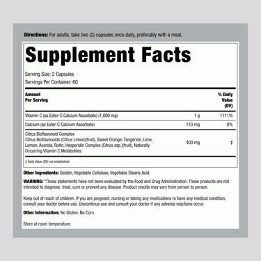 Supplement Facts panel for Amer Health Ester C with Citrus Bioflav 500 mg, 120 capsules.