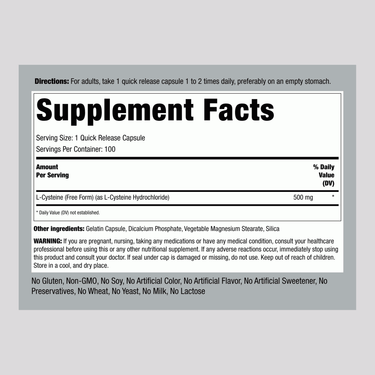 Supplement Facts label showcasing L-Cysteine 500 mg capsules, available in a pack of 100.