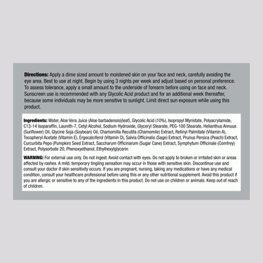 Image displaying Supplement Facts for 10% Glycolic Acid Cream, 4 oz.
