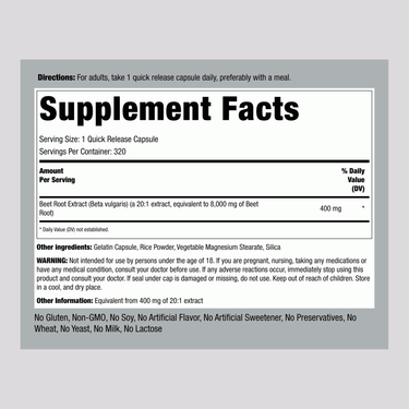 Supplement Facts panel for Beet Root Concentrate 8000 mg, 320 Capsules.