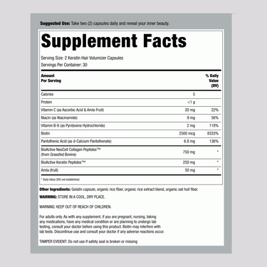 Supplement Facts panel for NCL Keratin Hair Volumizer with 60 capsules.