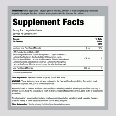 Supplement Facts panel for Garden of Life Primal Defense Ultra 180 Capsules, detailing ingredients and nutritional information.