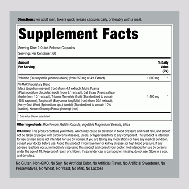 Supplement Facts panel displays details for Vi-Max Male Performance Capsules 120. Contains information on ingredients and nutritional values.