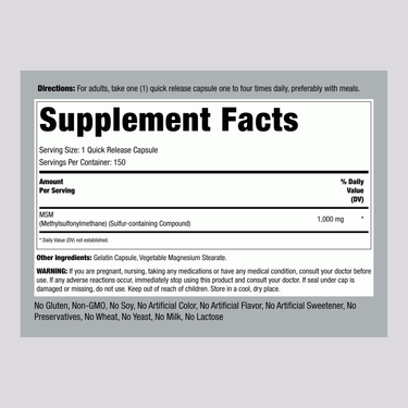 Supplement Facts panel detailing MSM 1000 mg with 150 capsules per bottle.