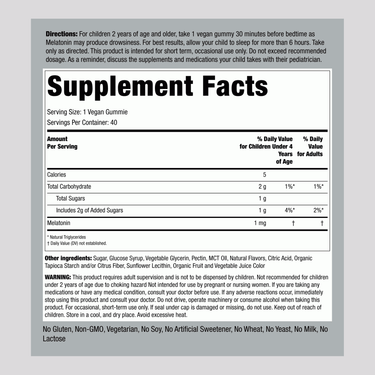 Supplement Facts panel for kids' 1mg melatonin gummy, 40 count.