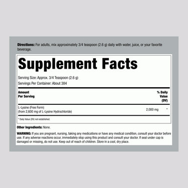 Supplement Facts for Horbaach L-Lysine Powder 1 kg, detailing nutritional information.