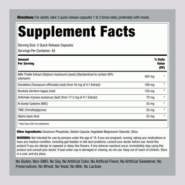 Supplement Facts panel for Ultimate Liver Detoxifier Capsules, 90-count bottle, showing nutritional information and ingredients.