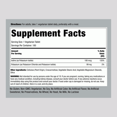 Image of the Supplement Facts panel for Potassium Plus Iodine Tablets, containing 180 servings.