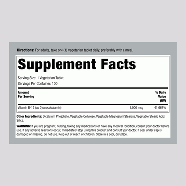 Supplement Facts panel for LN B-12 1000 mcg TR 100 Tablets.