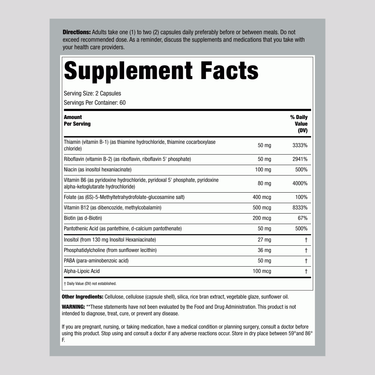 Supplement Facts panel for Coenzyme B-Complex Caps, 120 capsules, showing ingredient details and nutritional information.
