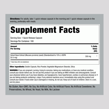 Supplement Facts panel displaying information for DOPA Mucuna Pruriens Stand 350 mg, 180 capsules bottle.