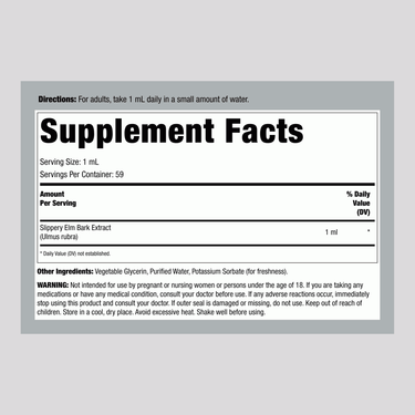 View of the Supplement Facts panel for Horbaach Slippery Elm Bark Liquid Extract, 2 fl oz bottle.