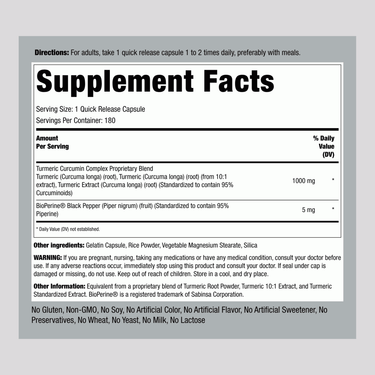 The Supplement Facts panel for Turmeric Complex 1000 mg Capsules, showing details for a container of 180 pills.