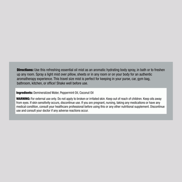 Supplement Facts label for NT Peppermint Spray 2.4 oz.