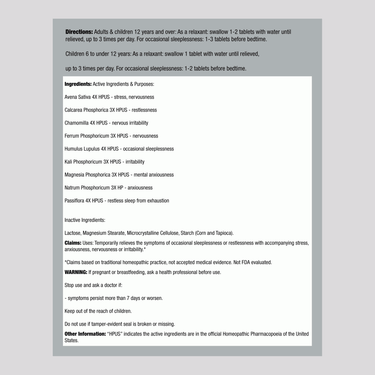 Supplement Facts for Hylands Calms Forte Homeopathic Sleep Aid, 100 tablets label information.
