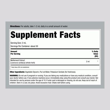 Image of the Supplement Facts label for Motherwort Liquid Extract, 2 fl oz bottle.