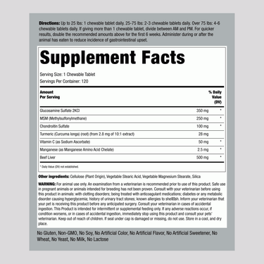 Image of Supplement Facts panel for Hip & Joint for Dogs Tablets showing details for 120 tablets.