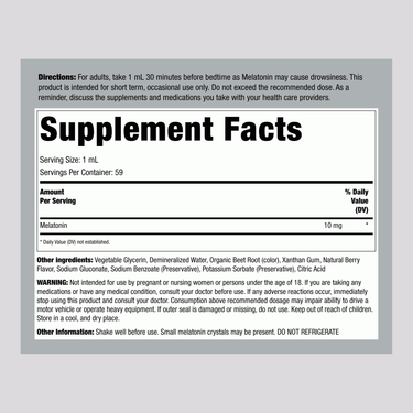 This is the Supplement Facts panel for a Melatonin 10 mg Liquid 2 oz bottle.
