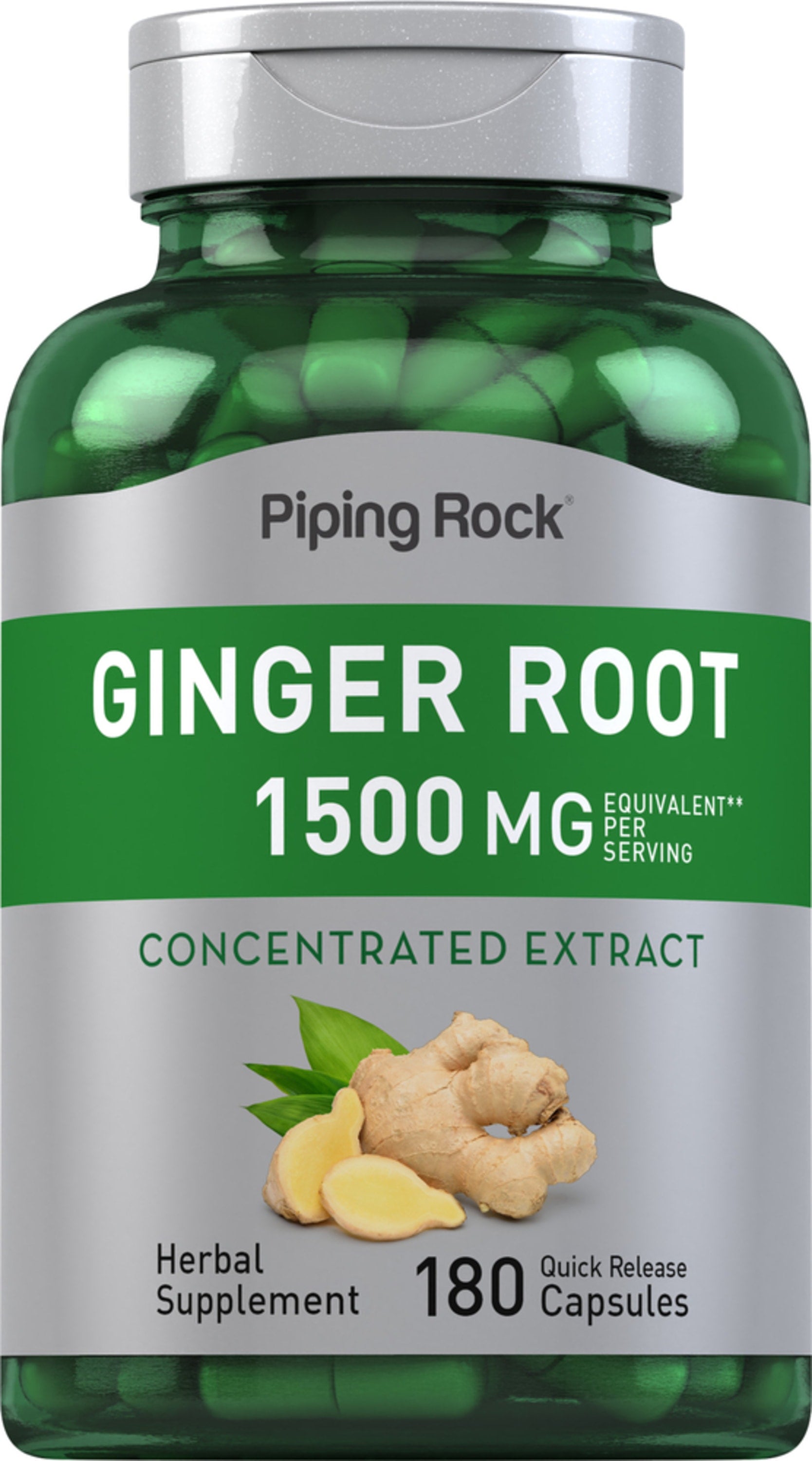 Ginger Root 1500 mg per serving, concentrated extract herbal supplement, 180 quick release capsules.