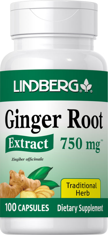Lindberg Ginger Root Extract 750 mg bottle containing 100 capsules.