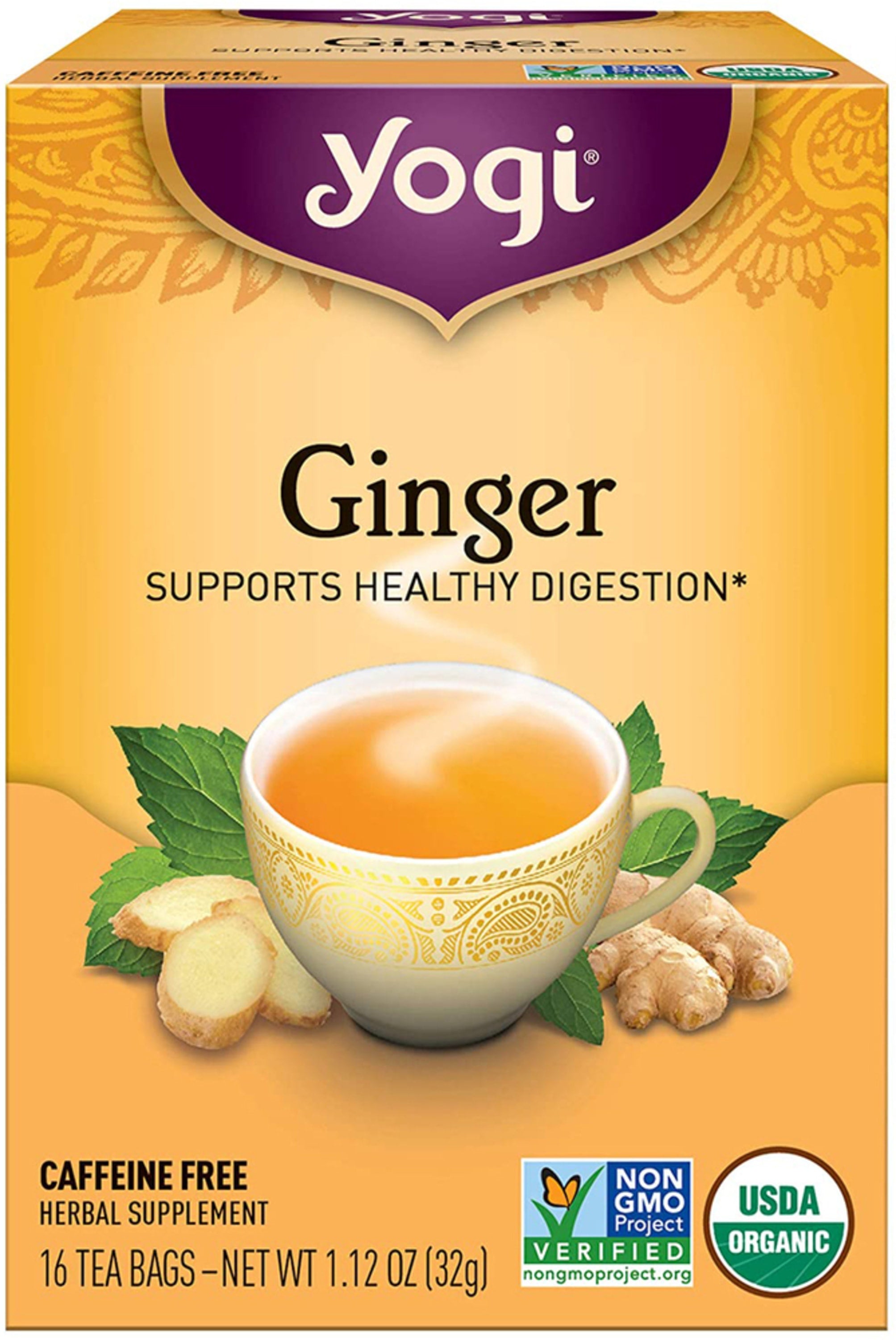 Yogi Ginger Tea, 16 tea bags. Supports healthy digestion. Caffeine Free herbal supplement. Non-GMO Project Verified, USDA Organic.