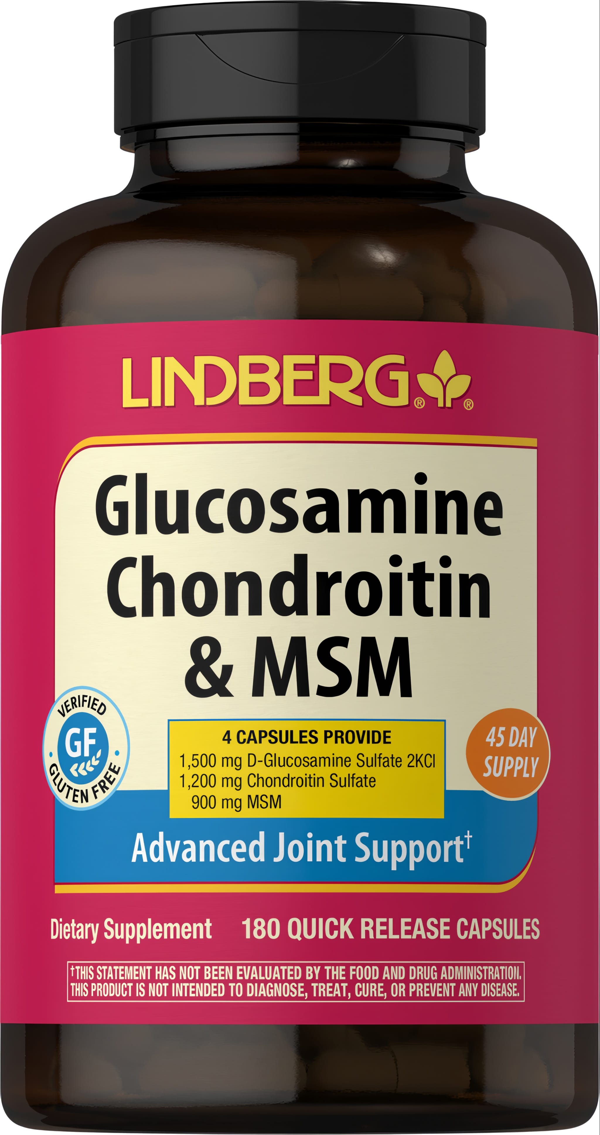 Lindberg Glucosamine Chondroitin & MSM 180 quick release capsules bottle.