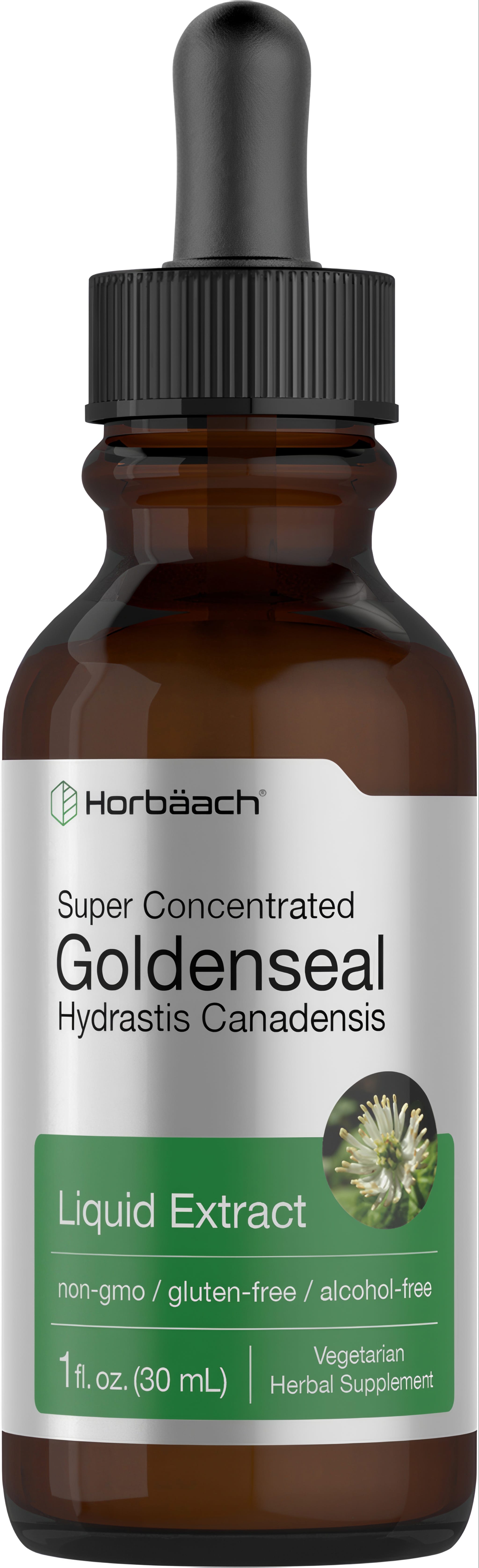 Horbäach Super Concentrated Goldenseal Liquid Extract 1 fl. oz., non-GMO, gluten-free, and alcohol-free product.