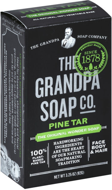 Grandpa's Pine Tar Bar Soap, 3.25 oz, labeled as 'Original Wonder Soap' and '100% Plant-Based Pine Tar' for face, body, and hair.