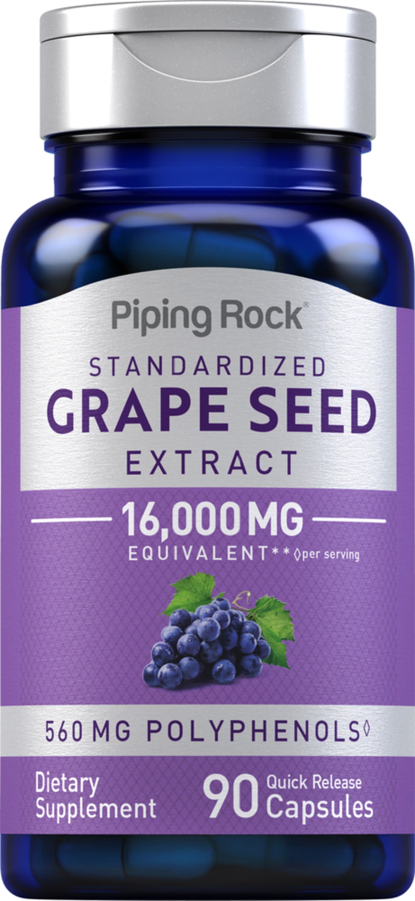 Grape Seed Extract, 16,000 MG equivalent per serving, with 560 MG polyphenols in 90 quick-release capsules.