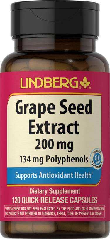 Grape Seed Extract 200 mg with 134 mg polyphenols, 120 quick release capsules supporting antioxidant health, gluten free.