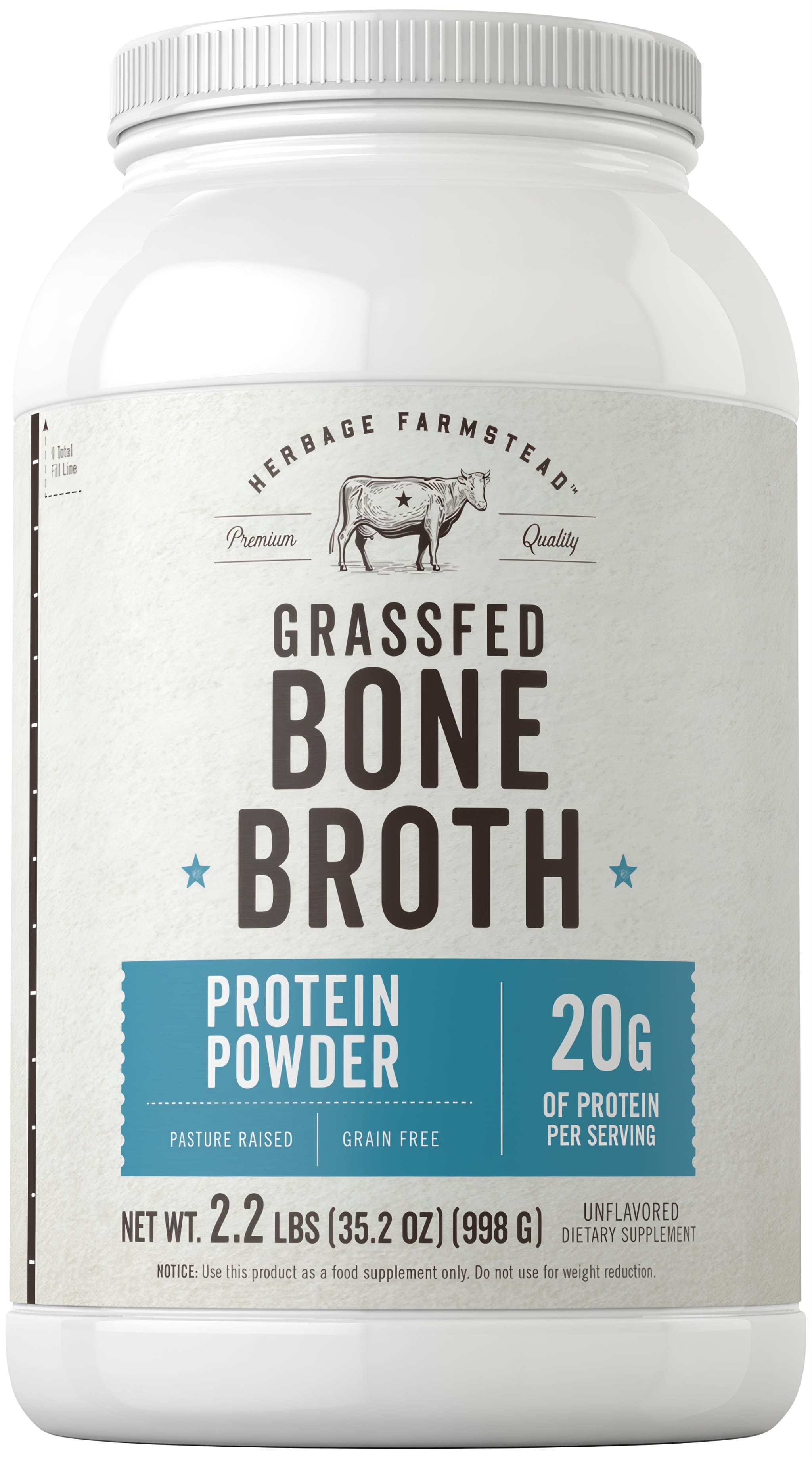 Herbage Farmstead Grassfed Bone Broth Protein Powder, 2.2 lbs (998 g), pasture-raised, grain-free, unflavored.