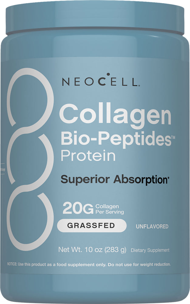 Neocell Collagen Bio-Peptides Powder, 10 oz, Unflavored, Grassfed, provides 20g of collagen per serving.